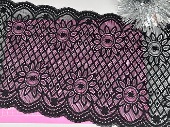 Black with large flowers - stretch lace 22 cm