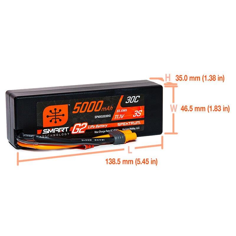 Spektrum 11.1V 5000mAh 3S 30C Smart G2 Hardcase LiPo Battery: IC3 - 3