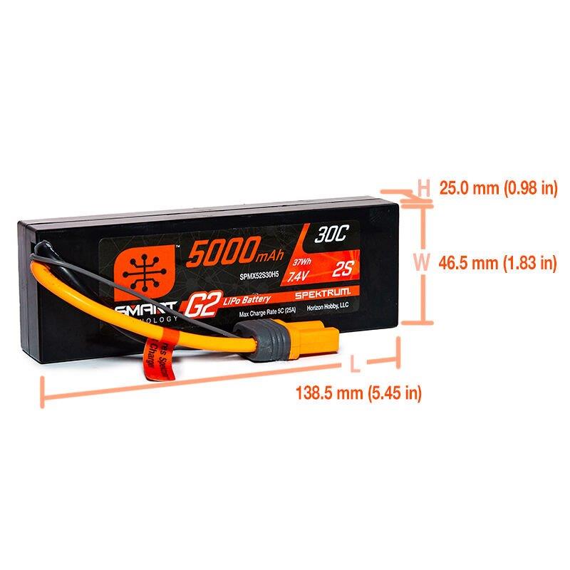 Spektrum 7.4V 5000mAh 2S 30C Smart G2 Hardcase LiPo Battery: IC5 - 3