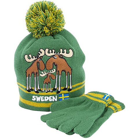Barn Stickat set, mössa, vantar, älg Sweden