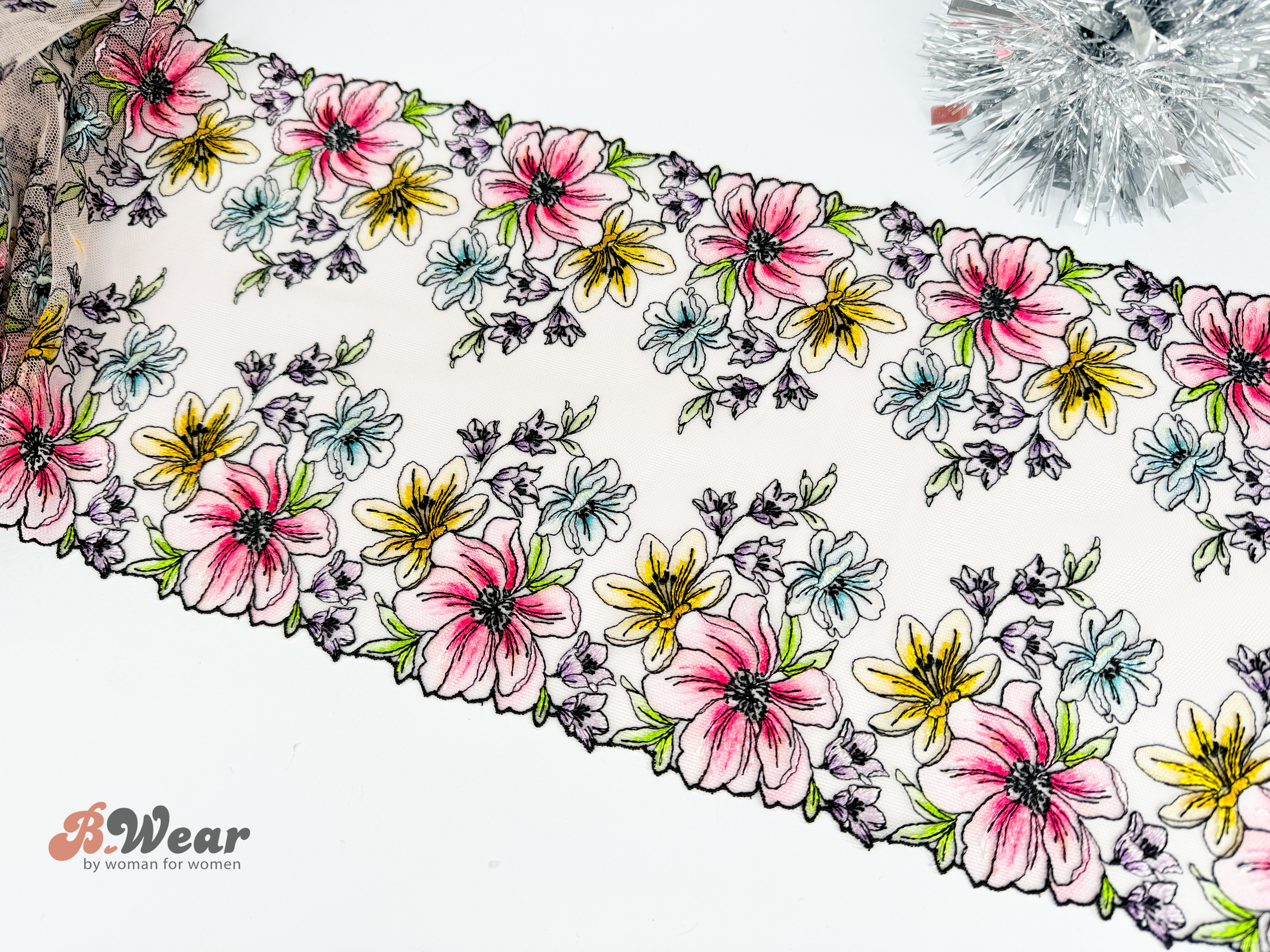 Blommig flerfärgad broderad stum spets - 21 cm