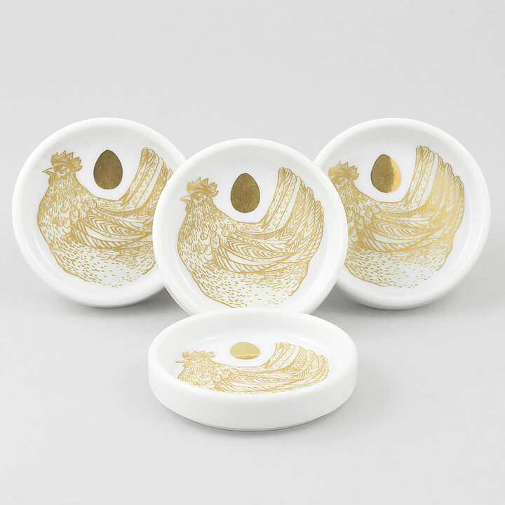 Gunvor Olin-Grönqvist (1964) Four Round Dishes with Golden Hen Decor 7 cm