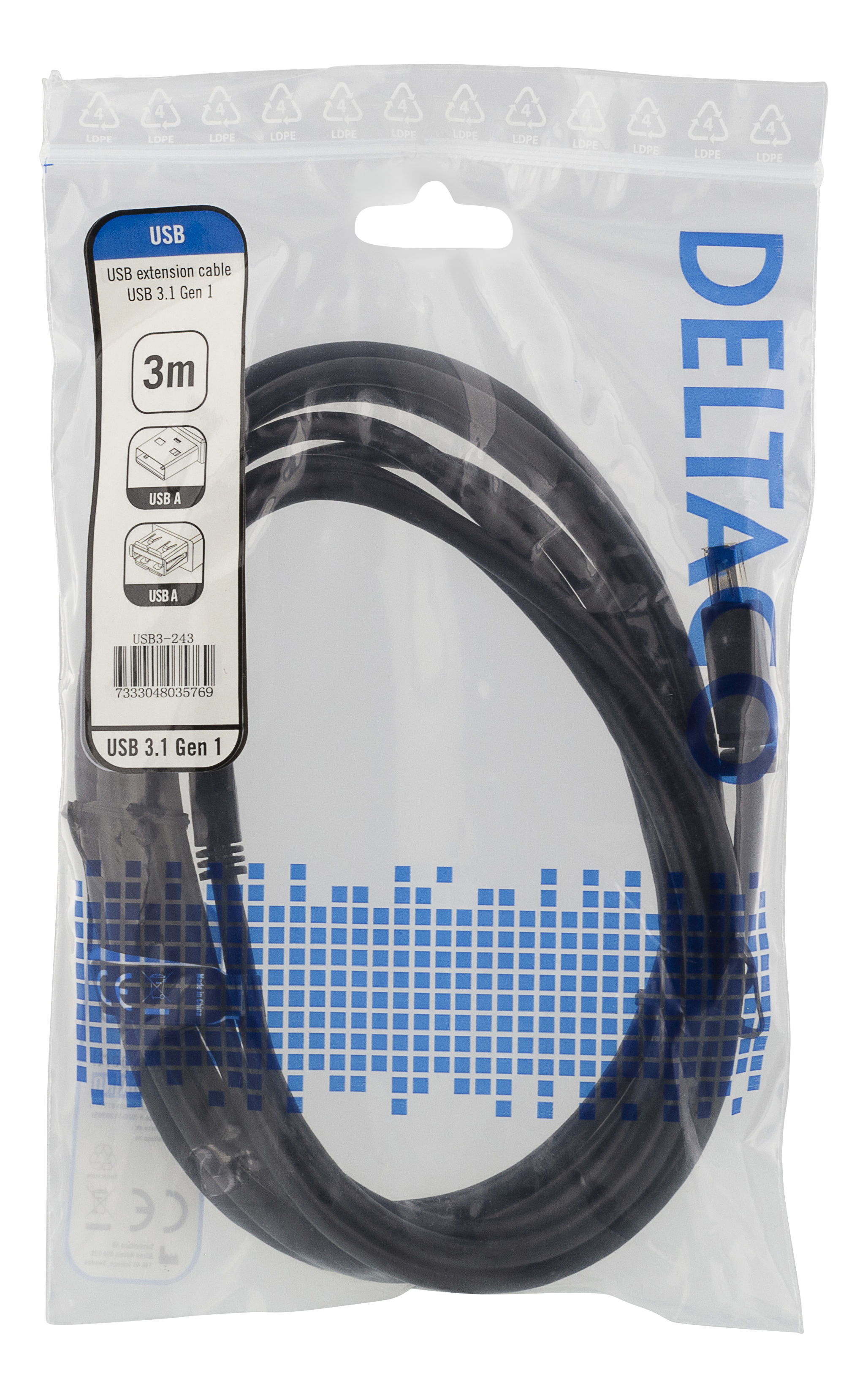 Deltaco USB 3.1 Gen1 Förlängningskabel, 3m, svart - 2