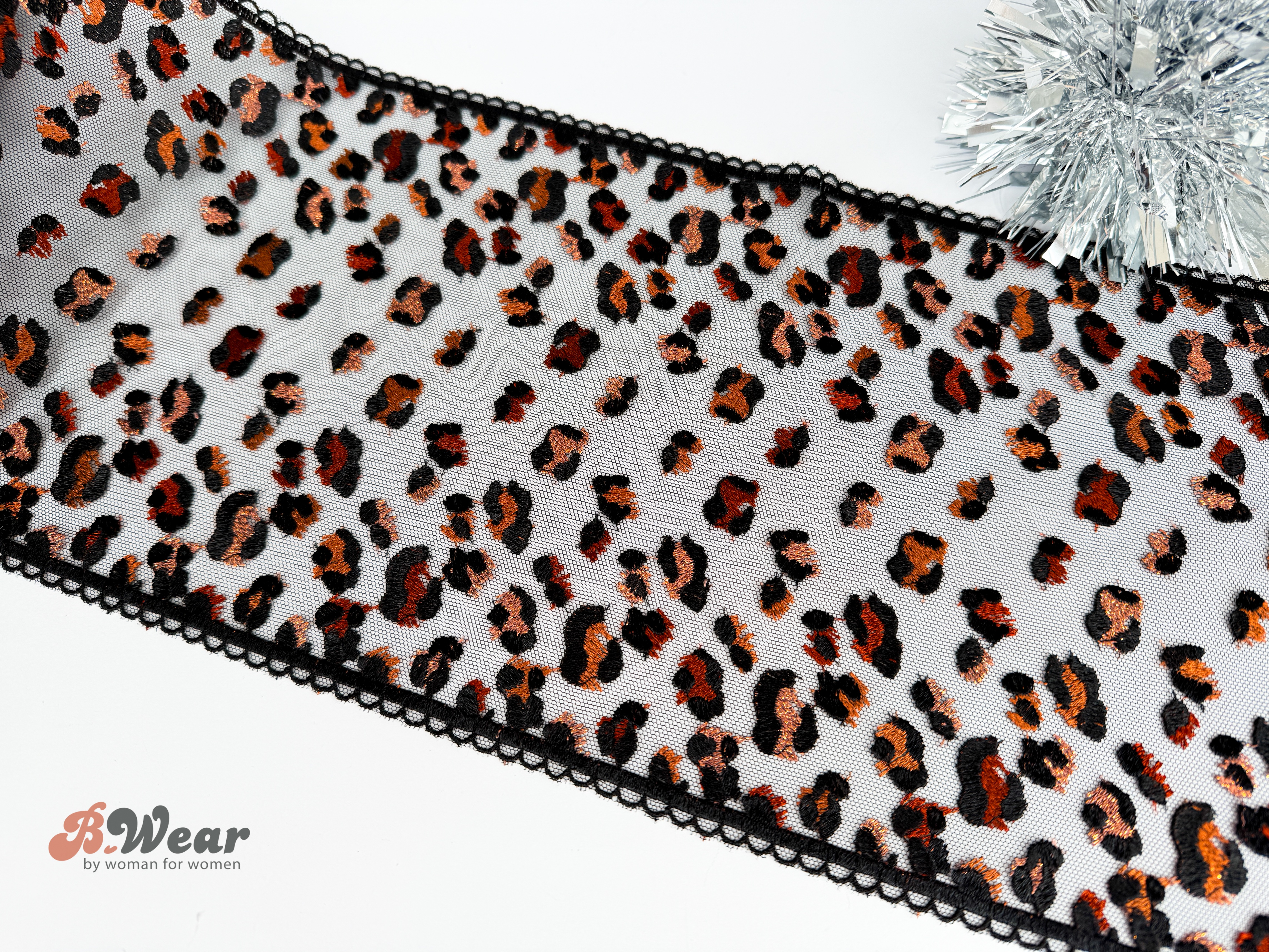 Svart stum spets med beige koppar Leopardmönster - 23 cm - 2