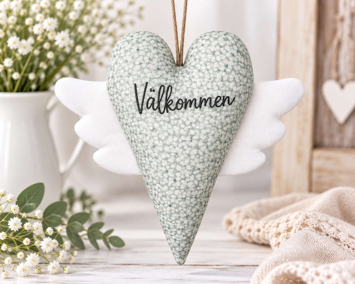 Änglahjärta Välkommen – handgjort hjärta med vingar - grönblå - 2