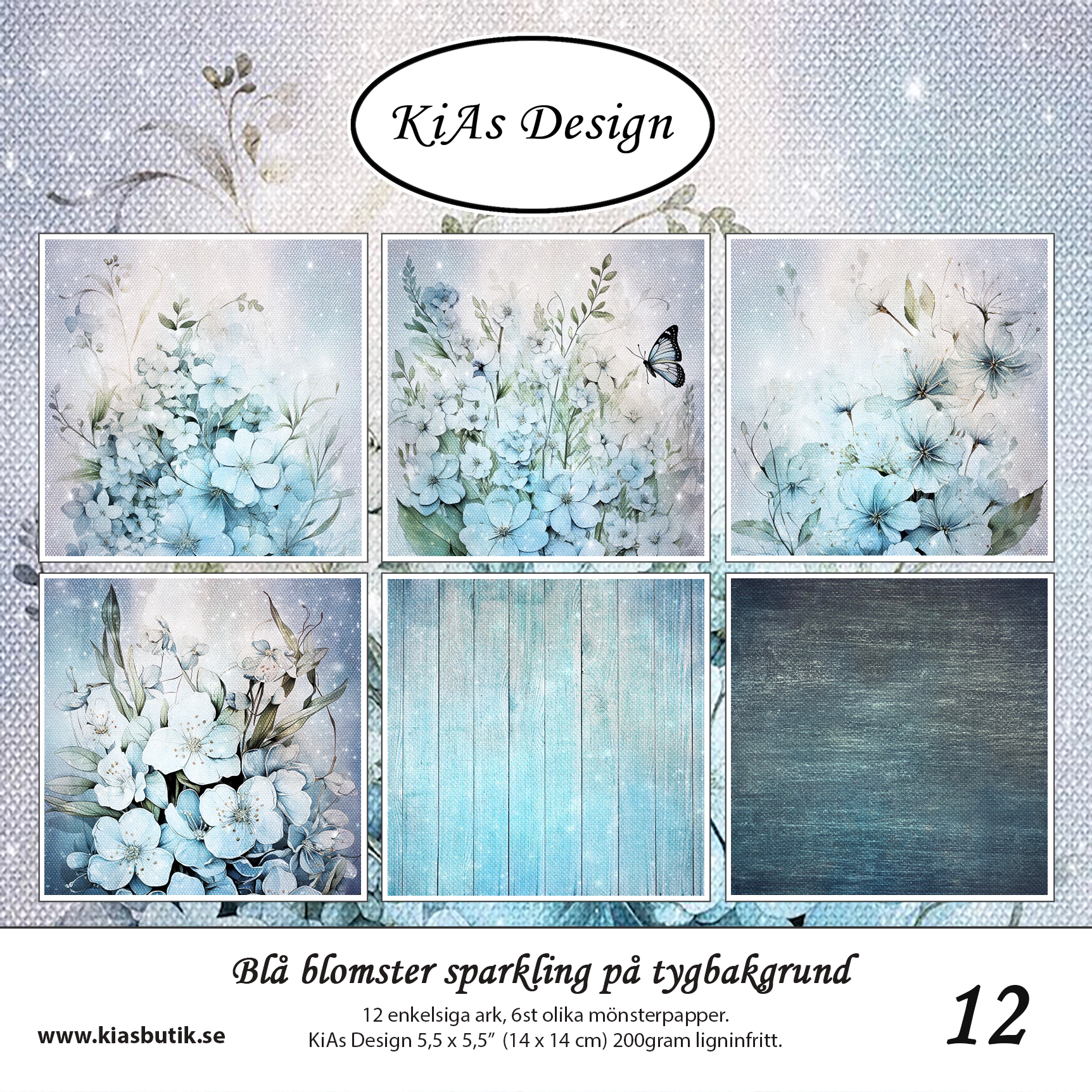 PP KD  -Blå blomster sparkning på tygbakgrund 
