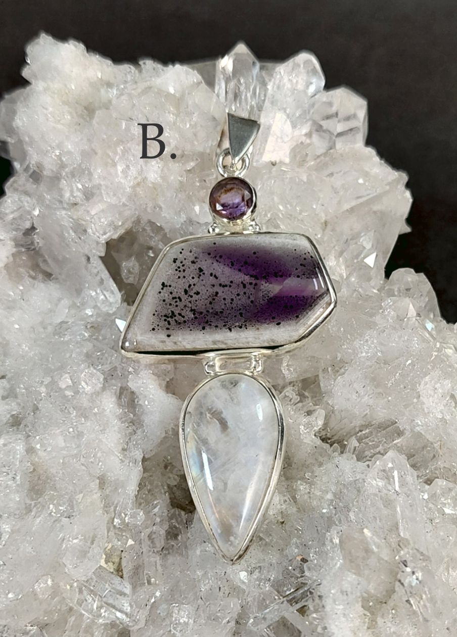 Silver Hänge med Cabochon - Månsten, Ametist och Cacoxenit - 3