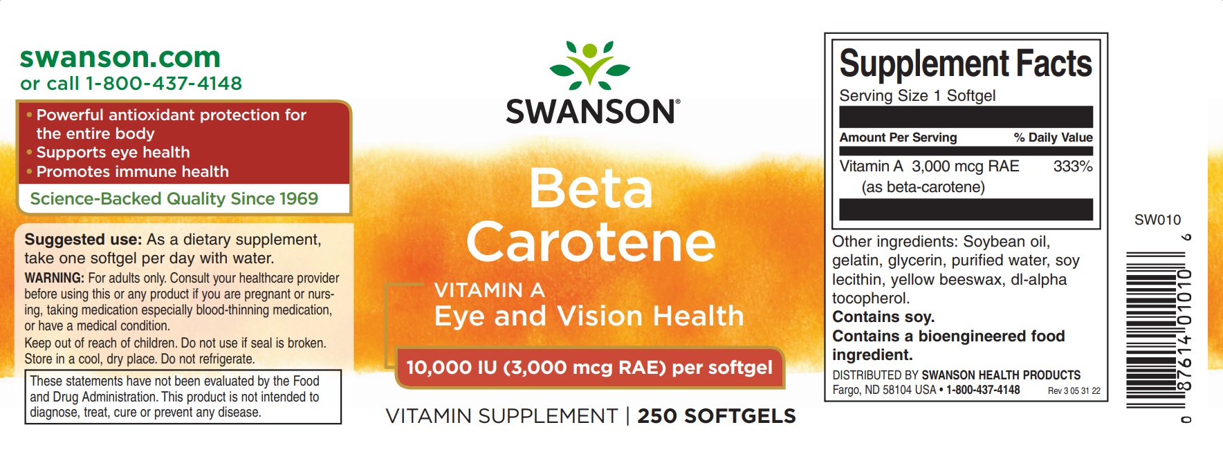 Beta-Carotene (Vitamin A) 10000IU - 250caps etikett