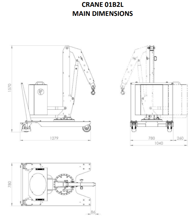 Mobil verkstadskran 01B2L, Maxlast: 200-130 kg / Max utligg : 770 mm - 2