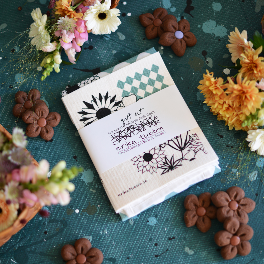 gåvoset FLOWER POWER kökshandduk + disktrasa grön - 3
