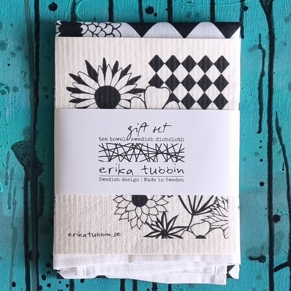 gåvoset FLOWER POWER kökshandduk + disktrasa sv-vit