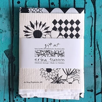 gåvoset FLOWER POWER kökshandduk + disktrasa sv-vit