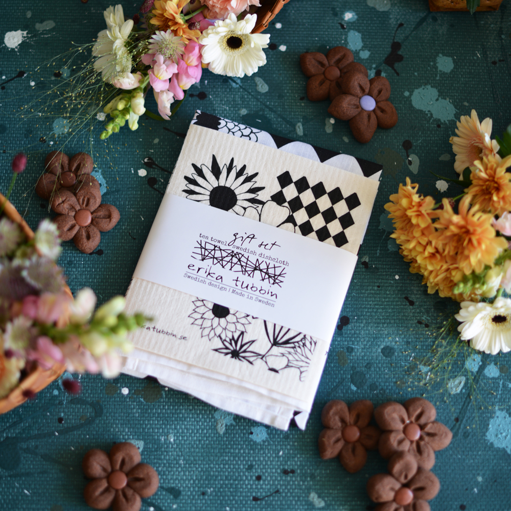 gåvoset FLOWER POWER kökshandduk + disktrasa sv-vit - 3