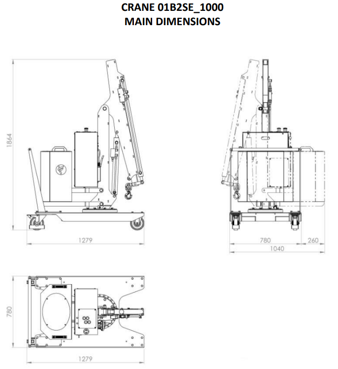 Mobil verkstadskran 01B2SE_1000, Maxlast: 200-60 kg / Max utligg : 1440 mm - 2