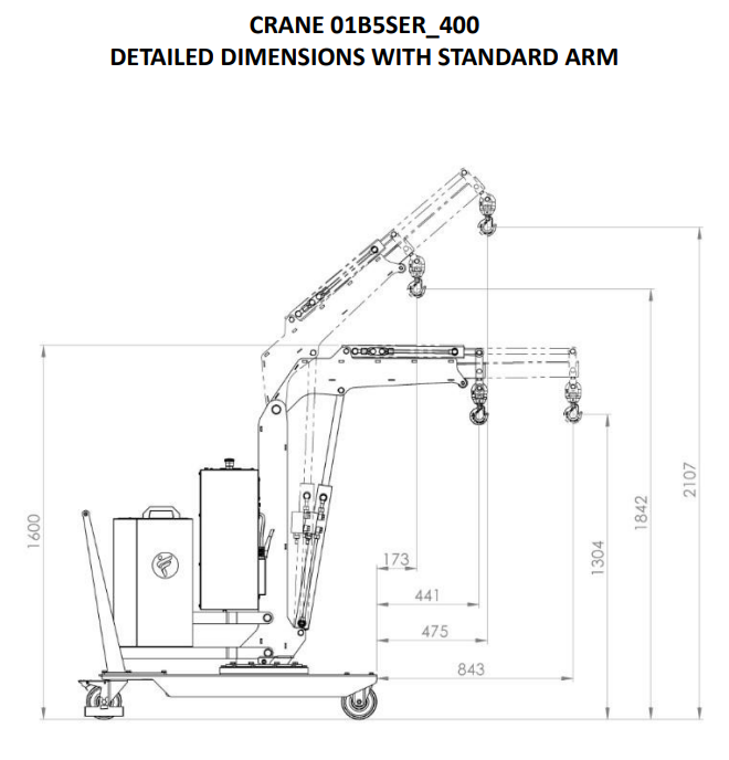Mobil verkstadskran 01B5SER_400, Maxlast: 500-260 kg / armlängd: 843 mm - 3