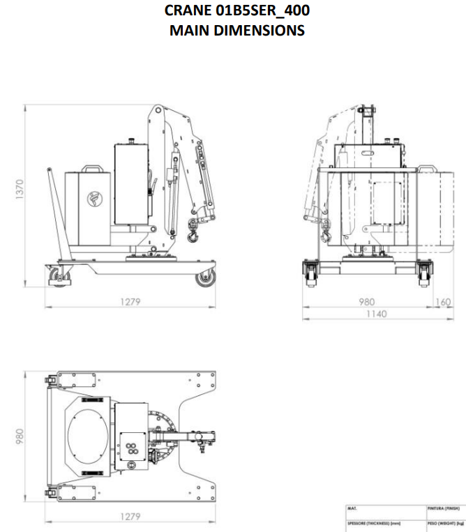 Mobil verkstadskran 01B5SER_400, Maxlast: 500-260 kg / armlängd: 843 mm - 2