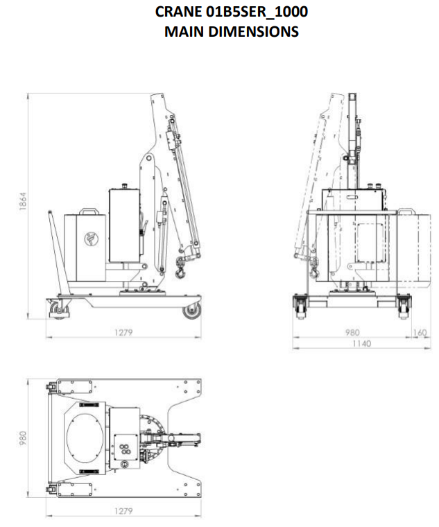 Mobil verkstadskran 01B5SER_1000, Maxlast: 500-100 kg / armlängd: 1410 mm - 2