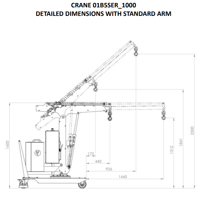 Mobil verkstadskran 01B5SER_1000, Maxlast: 500-100 kg / armlängd: 1410 mm - 3