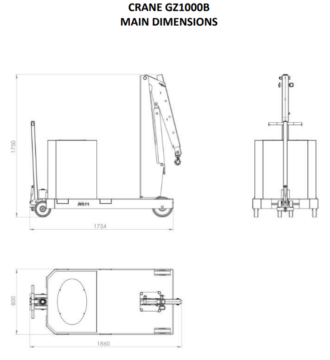 Mobil verkstadskran GZ1000B, Maxlast: 1000-500 kg / Max utligg : 1250 mm - 2
