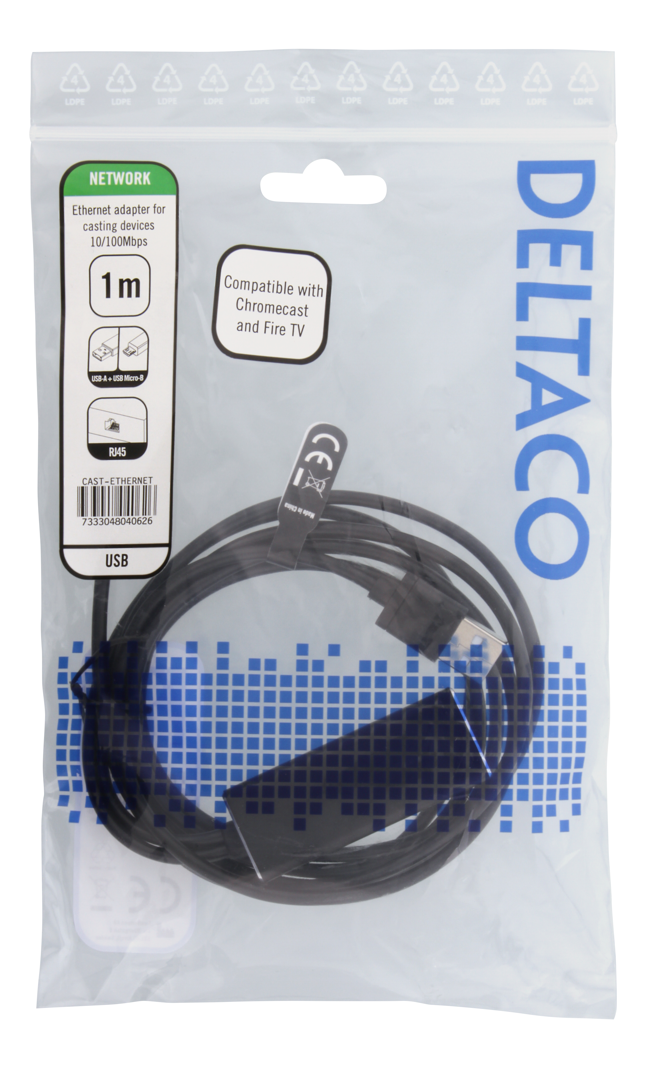 Ethernet adapter för casting-enheter, 1m, 100 Mbps, USB-A + USB Micro B, svart - 4