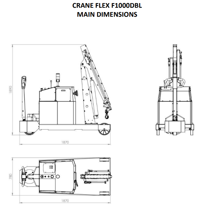 Mobil verkstadskran F1000DBL, Maxlast: 1000-250 kg / Max utligg : 2503 mm - 2