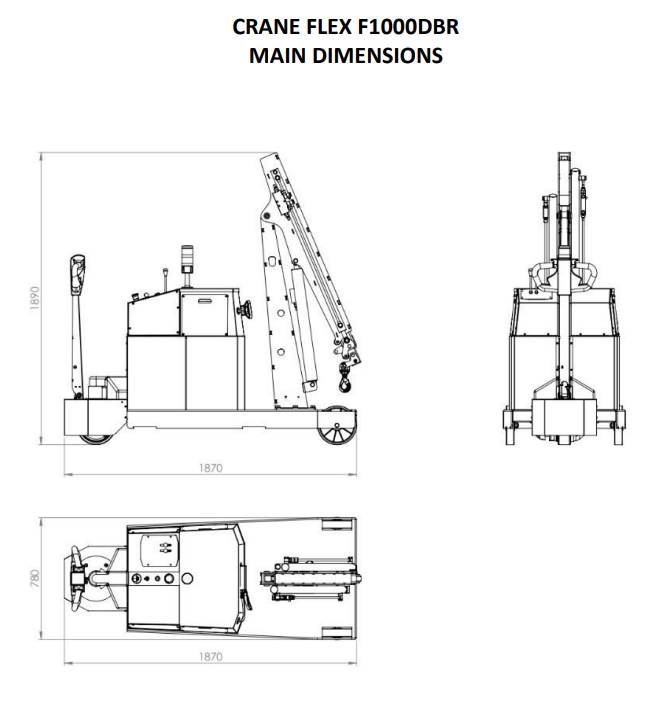 Mobil verkstadskran F1000DBR, Maxlast: 1000-250 kg / Max utligg : 2503 mm - 2