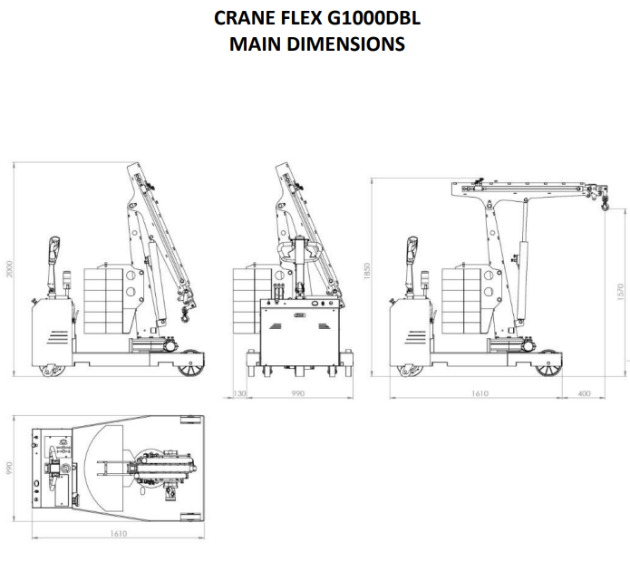 Mobil verkstadskran G1000DBL, Maxlast: 1000-250 kg / Max utligg : 2400 mm - 2