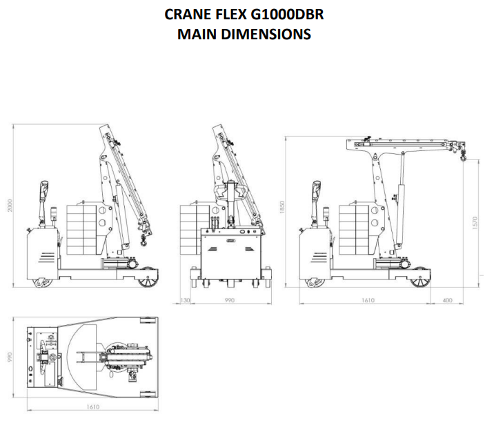 Mobil verkstadskran G1000DBR, Maxlast: 1000-250 kg / Max utligg : 2400 mm - 6