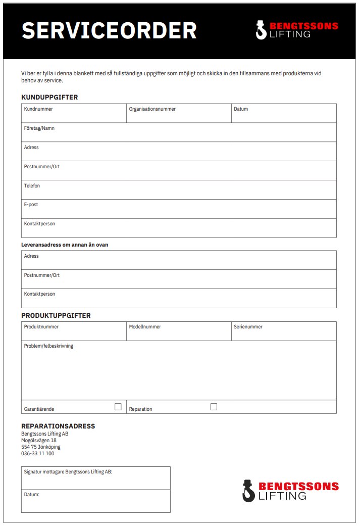 Serviceblankett gällande hydraulik