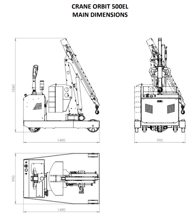 Mobil verkstadskran 500EL, Maxlast: 500-125 kg / Max utligg : 2410 mm - 2