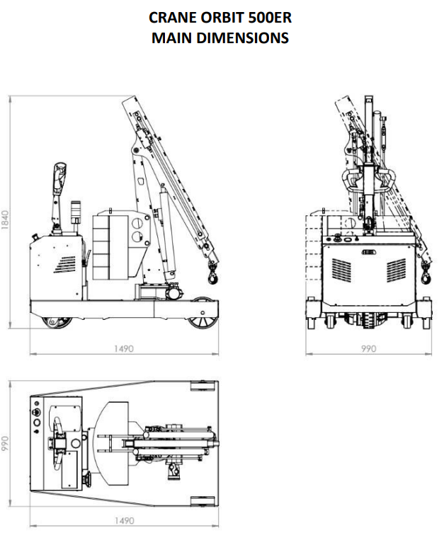 Mobil verkstadskran 500ER, Maxlast: 500-125 kg / Max utligg : 2410 mm - 2