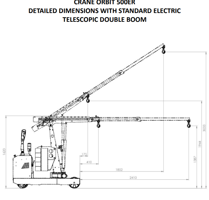 Mobil verkstadskran 500ER, Maxlast: 500-125 kg / Max utligg : 2410 mm - 3