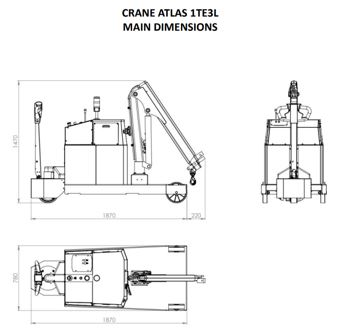 Mobil verkstadskran 1TE3L, Maxlast: 1000-230 kg / Max utligg : 3161 mm - 4