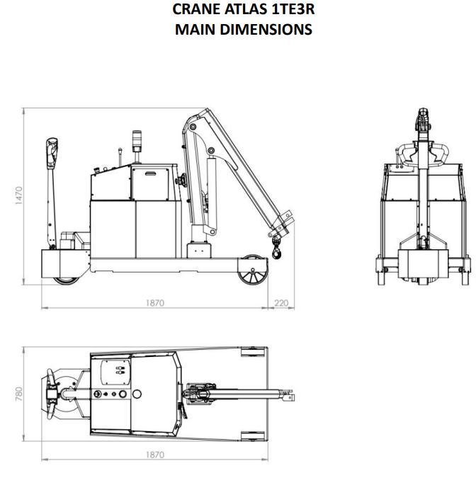 Mobil verkstadskran 1TE3R, Maxlast: 1000-230 kg / Max utligg : 3161 mm - 4