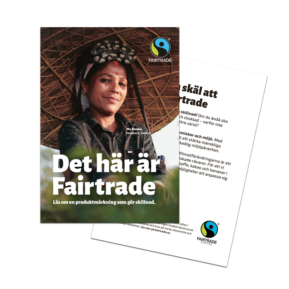 Informationsbroschyr vars framsida visar en teodlare och rubriken "Det här är Fairtrade"