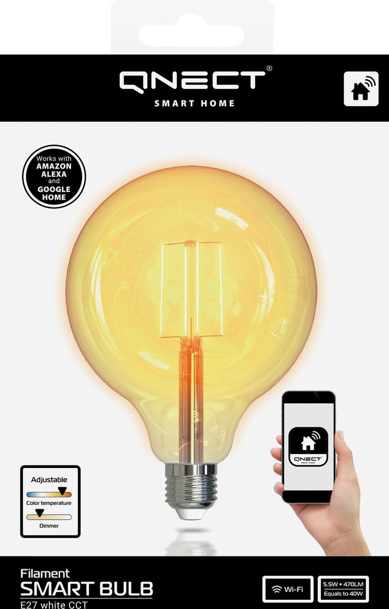 QNECT Smart Home LED-filamentlampa, E27, WiFI 2,4GHz, 5,5 W, dimbar - 2