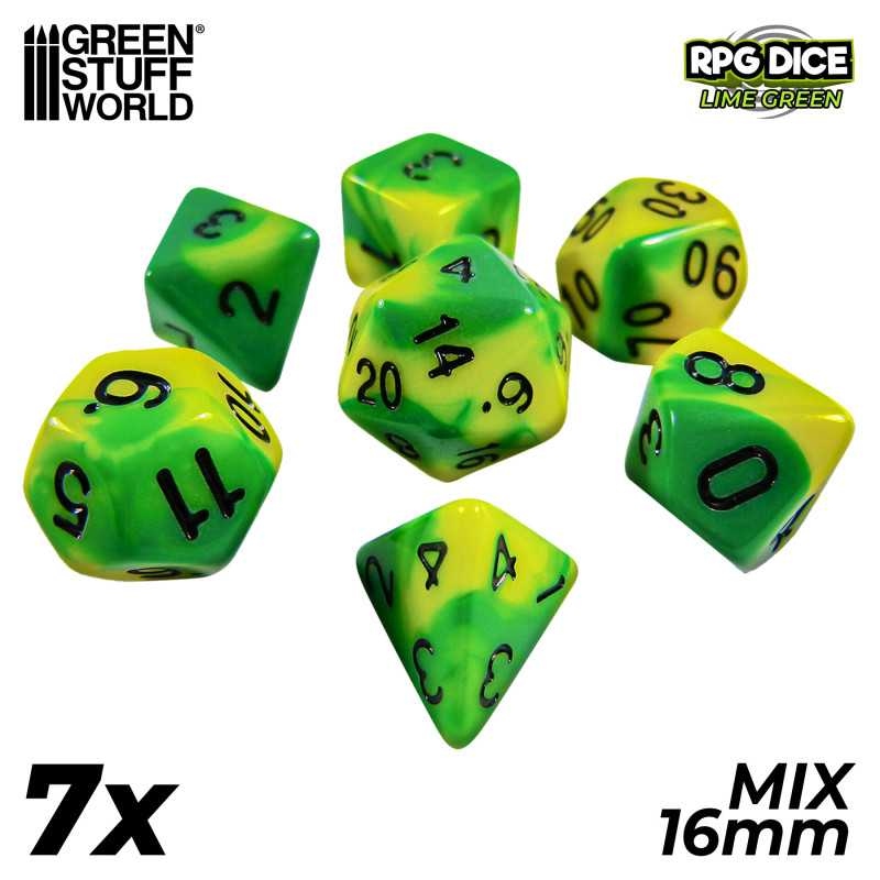 Green Stuff World: 7x Mix 16mm Dice - Lime Swirl