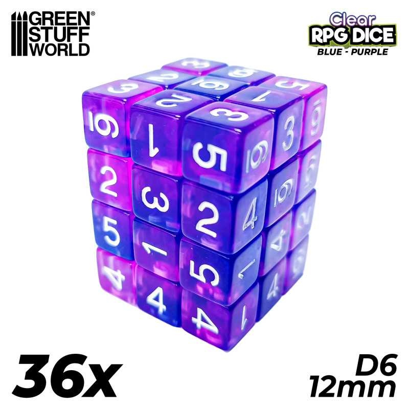 Green Stuff World: 36x D6 12mm Dice - Clear Blue/Purple