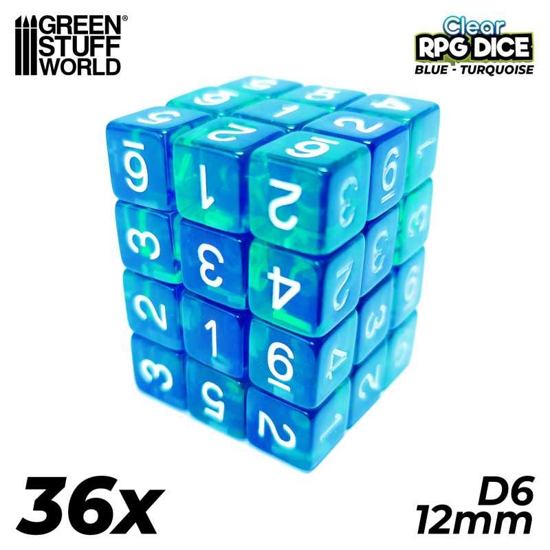 Green Stuff World: 36x D6 12mm Dice - Clear Blue/Turquoise