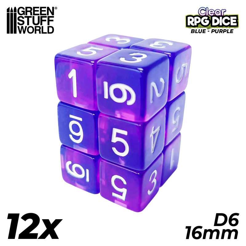 Green Stuff World: 12x D6 16mm Dice - Clear Blue/Purple