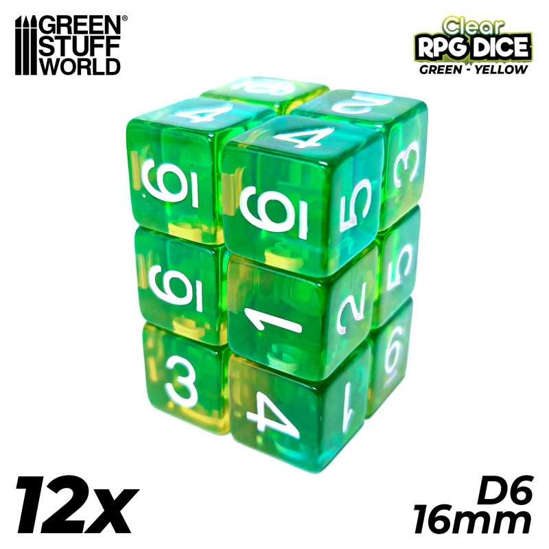 Green Stuff World: 12x D6 16mm Dice - Clear Green/Yellow