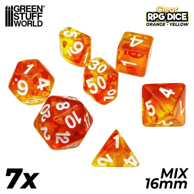 Green Stuff World: 7x Mix 16mm Dice - Orange/Yellow