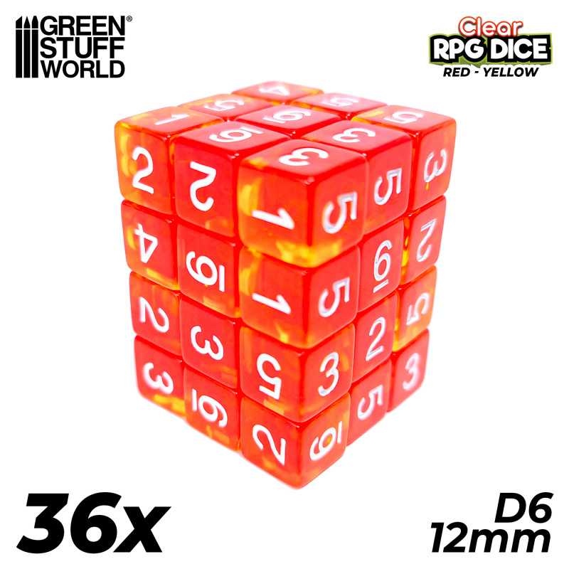 Green Stuff World: 36x D6 12mm Dice - Clear Red/Yellow