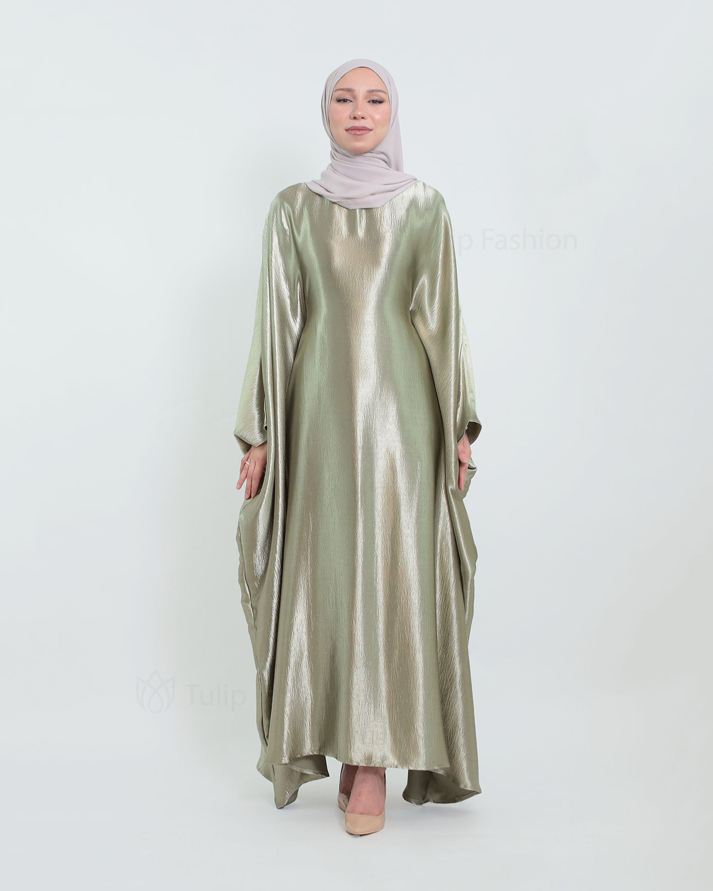 Butterfly Abaya in Satin - Sage Green - 2