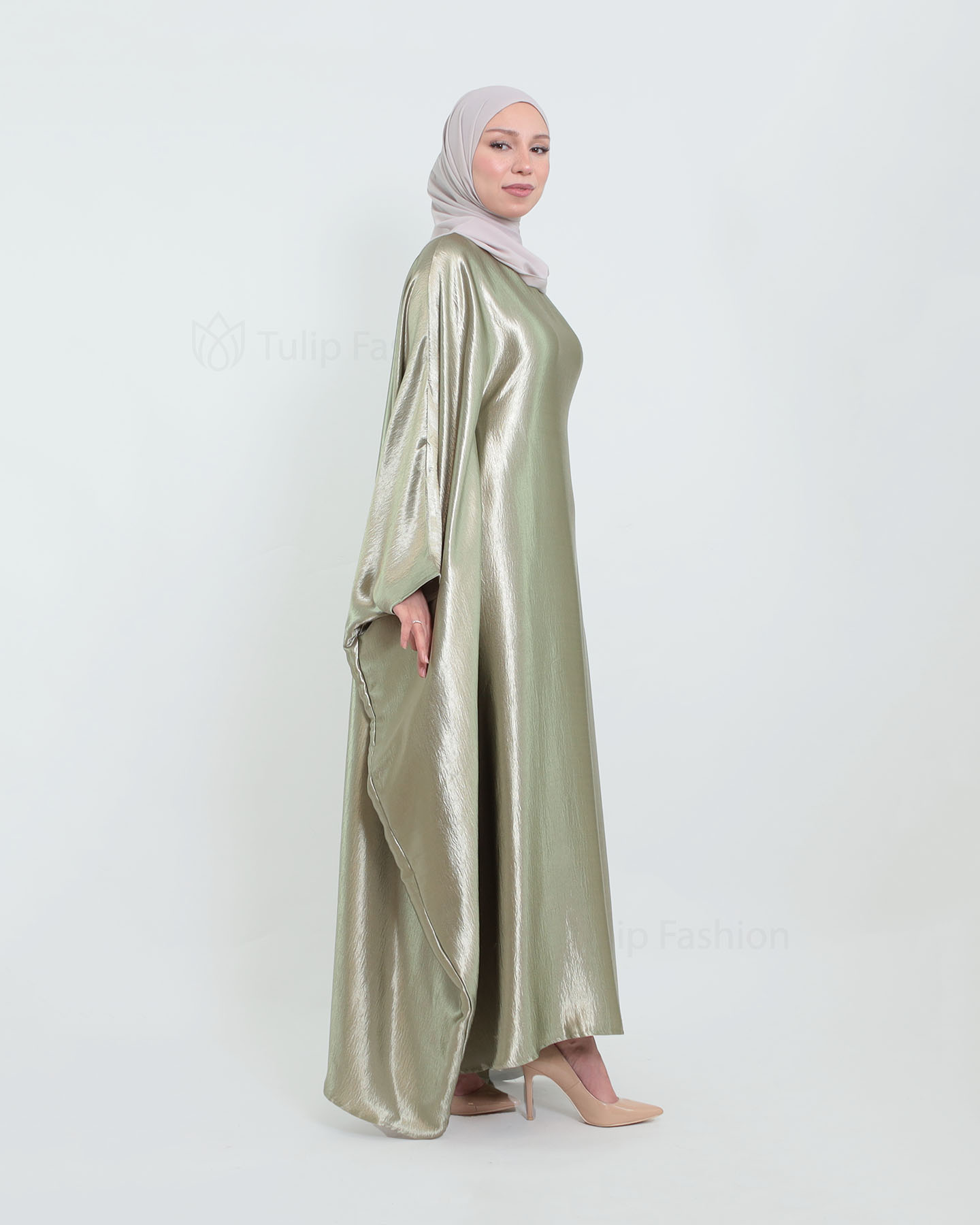 Butterfly Abaya in Satin - Sage Green - 4