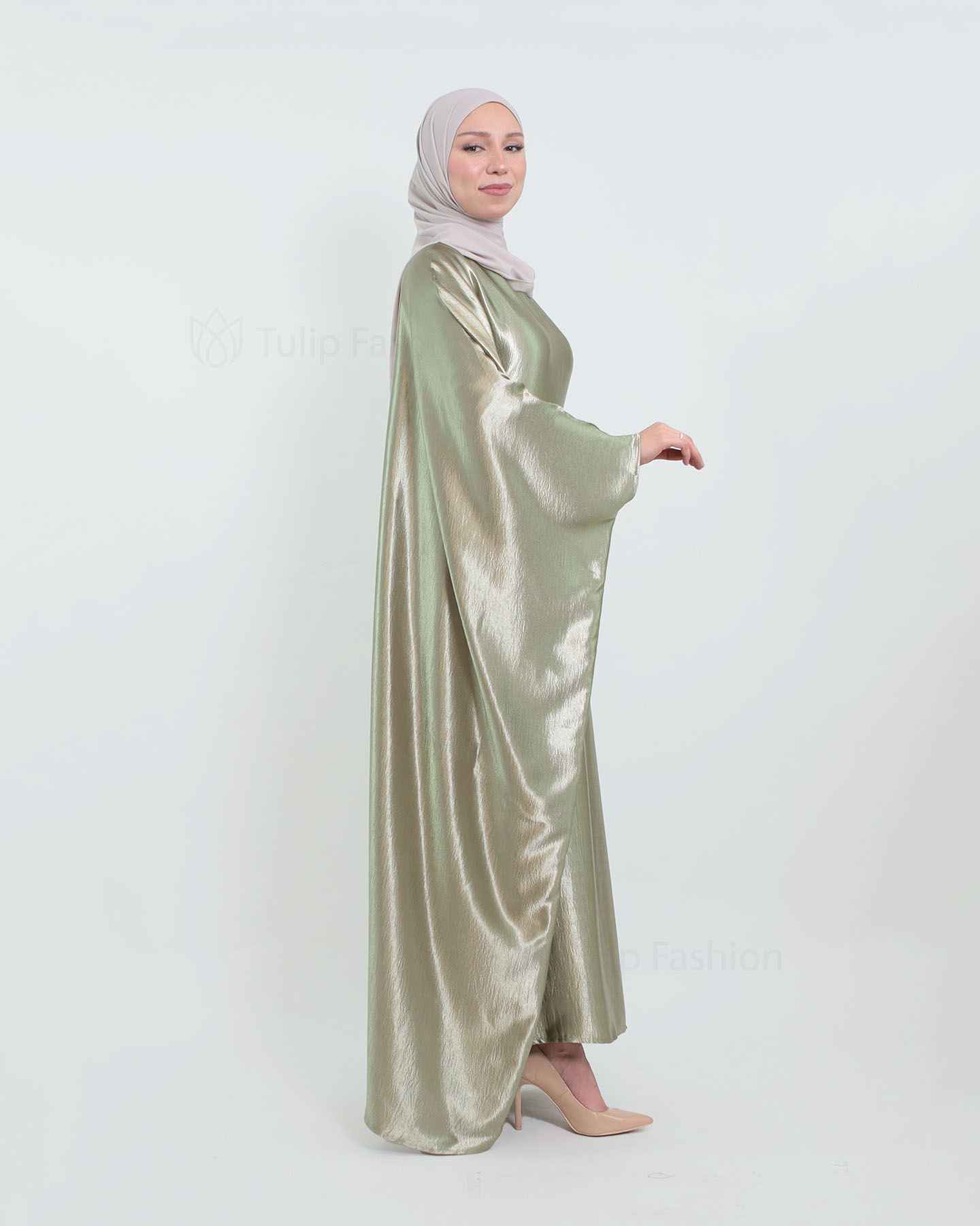 Butterfly Abaya in Satin - Sage Green - 3