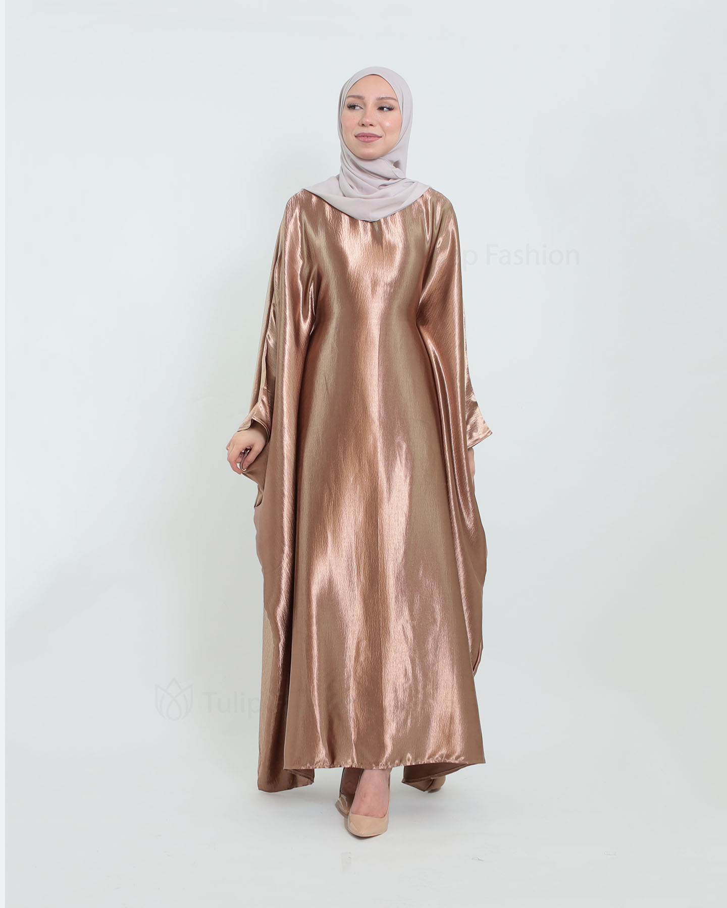 Butterfly Abaya in Satin - Taupe - 2