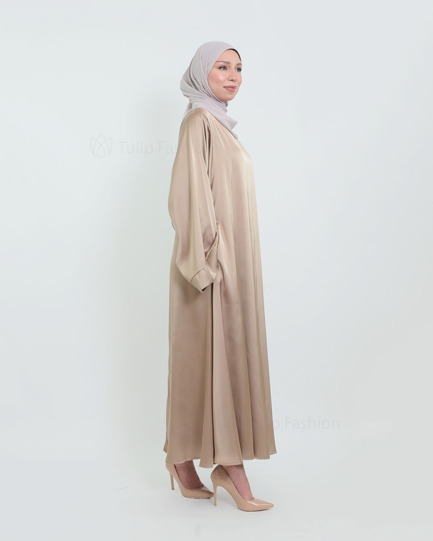 Maxi Dress in Satin - Beige - 6