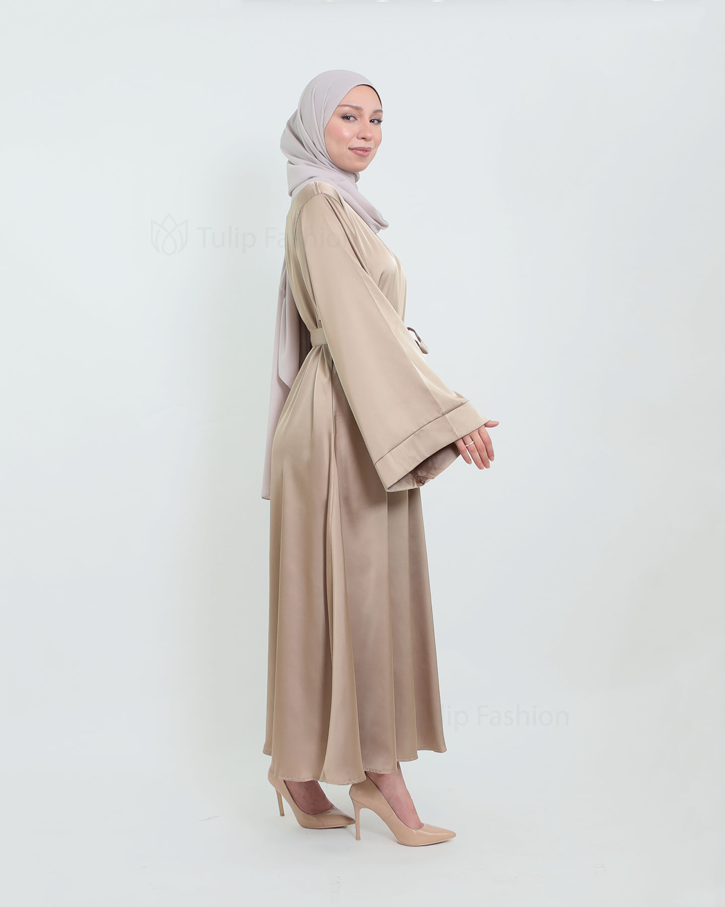 Maxi Dress in Satin - Beige - 3