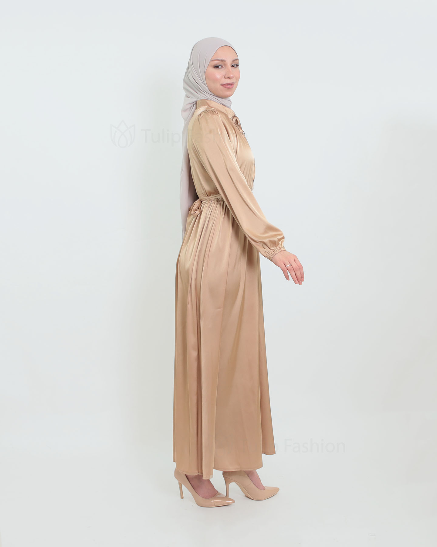 Maxi Dress in Satin - Beige - 2